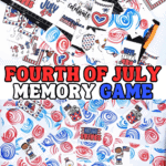A spread of Fourth of July memory game cards laid out, showing colorful red and blue swirl backs and matching front designs such as patriotic eagles, American children holding flags, fireworks, and “United States” themed cards.