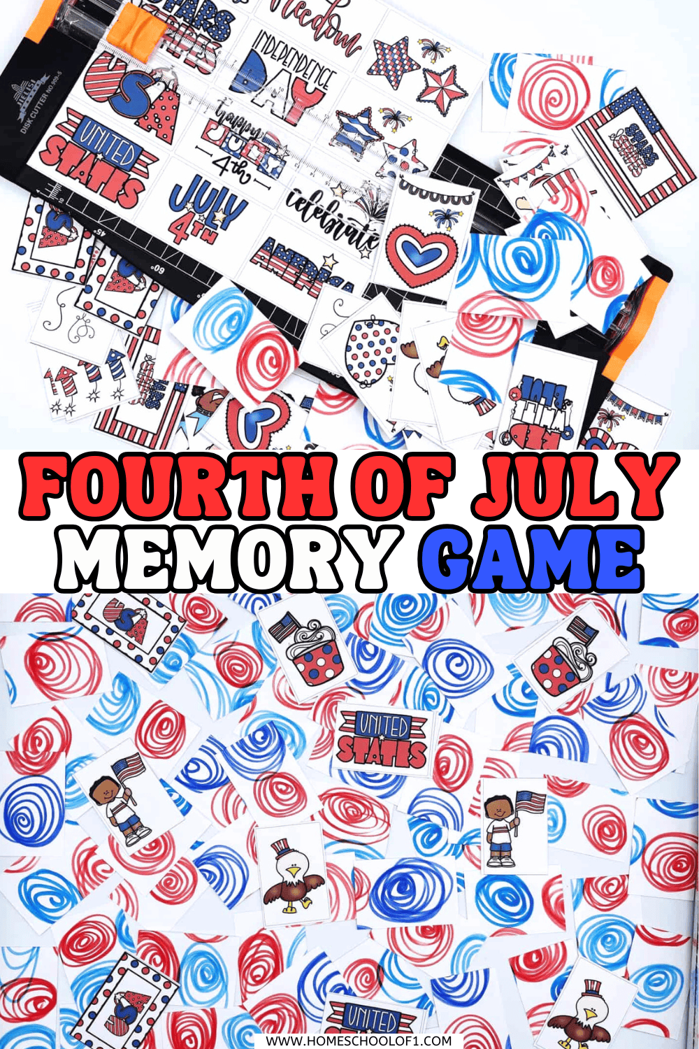 A spread of Fourth of July memory game cards laid out, showing colorful red and blue swirl backs and matching front designs such as patriotic eagles, American children holding flags, fireworks, and “United States” themed cards.