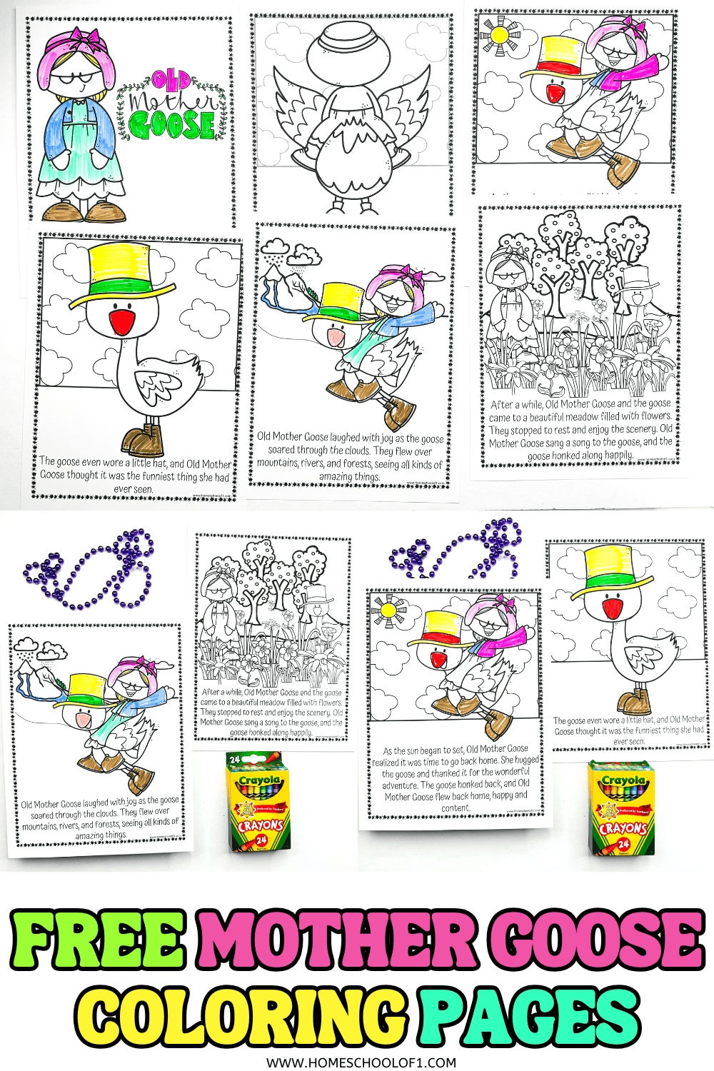 Free printable Mother Goose coloring pages featuring Old Mother Goose flying on a goose, landing in a meadow, and exploring nature scenes—great for preschoolers.

