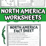 Printable North America worksheets for kids, including a fact sheet, word search, map activity, word scramble, flag matching, and language greetings activity