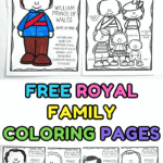 Coloring pages of the British royal family including King Charles III, Prince William, and members of the Wales and Sussex families for kids to color