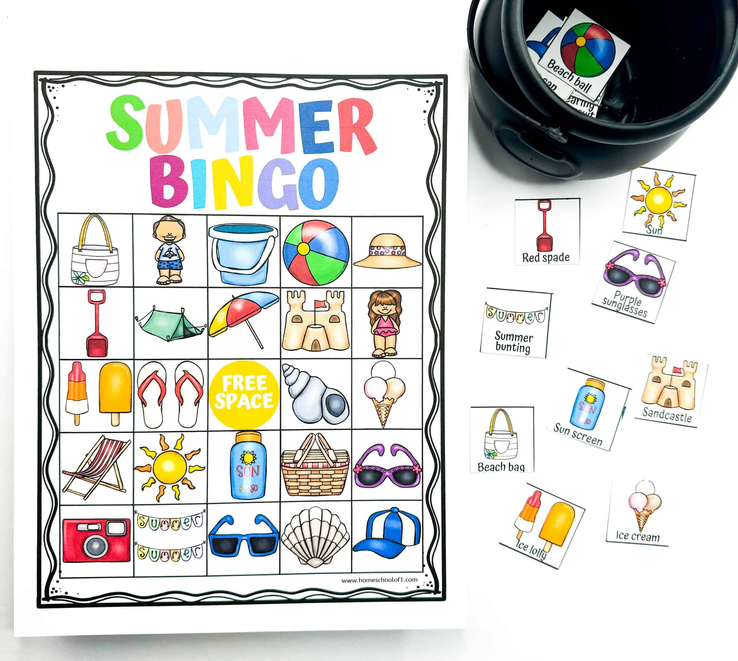 A colorful summer bingo printable featuring a grid with beach-themed illustrations like beach balls, sunscreen, flip-flops, and ice cream cones, alongside matching calling cards scattered beside a black container. This fun summer learning game is perfect for kids' parties, classrooms, or family play.