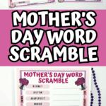 Single printable sheet of a Mother's Day-themed word scramble with 15 jumbled words to unscramble, bordered by pink and purple beads. The answer clues appear on the sides, featuring words like “parent,” “hugs,” and “kisses,” and there's a “Happy Mother’s Day” note at the bottom.