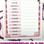 Mother’s Day word scramble printable with large pink title and two side-by-side versions of the game. Each sheet contains the same 15 scrambled words with a decorative floral theme and word bank answers like “grateful,” “beautiful,” and “Sunday.” The bottom corner says “Happy Mother’s Day.”