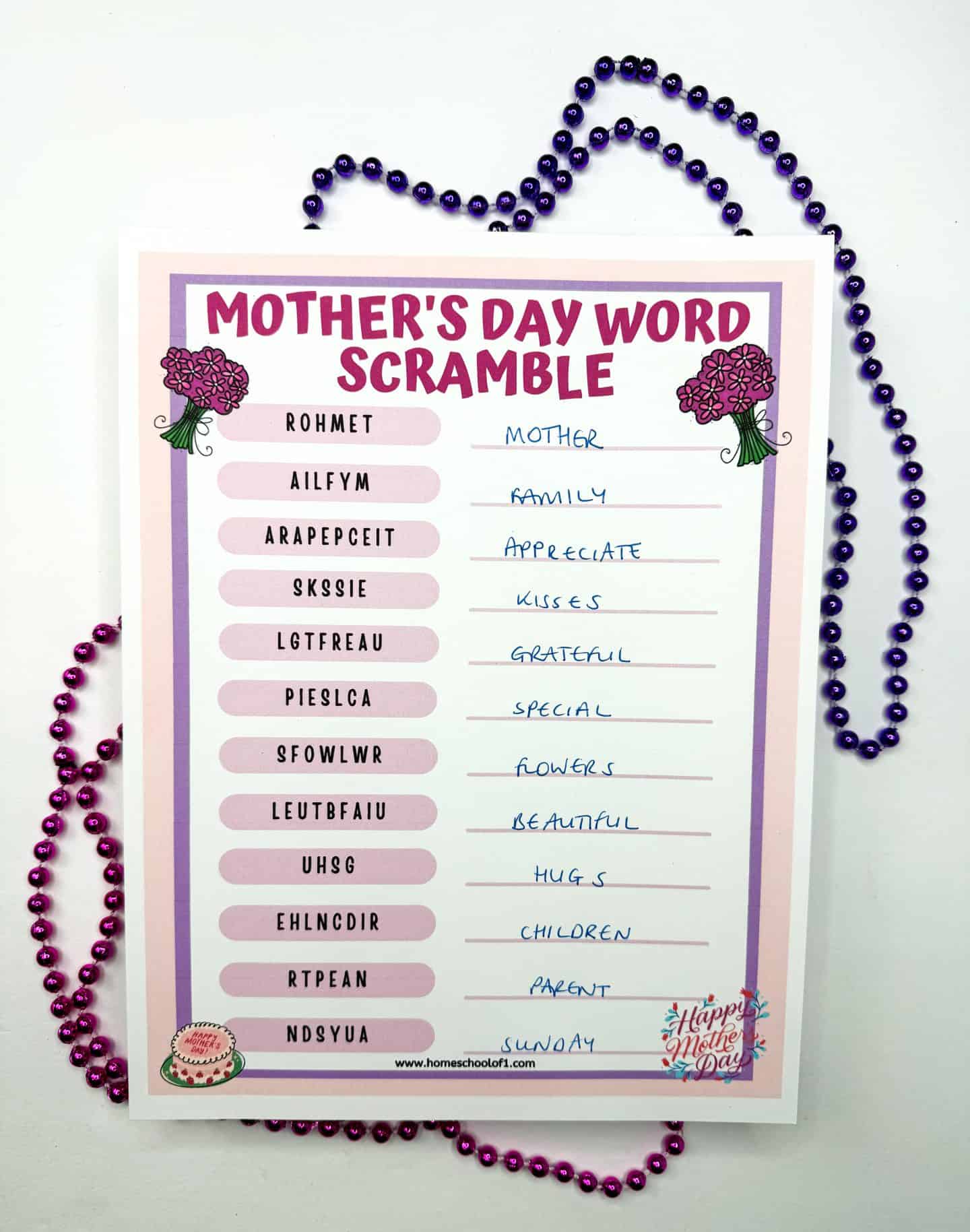 mother's day word scramble with answers