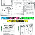 Free North America geography worksheets with map labeling, language greetings, and word puzzles for elementary students