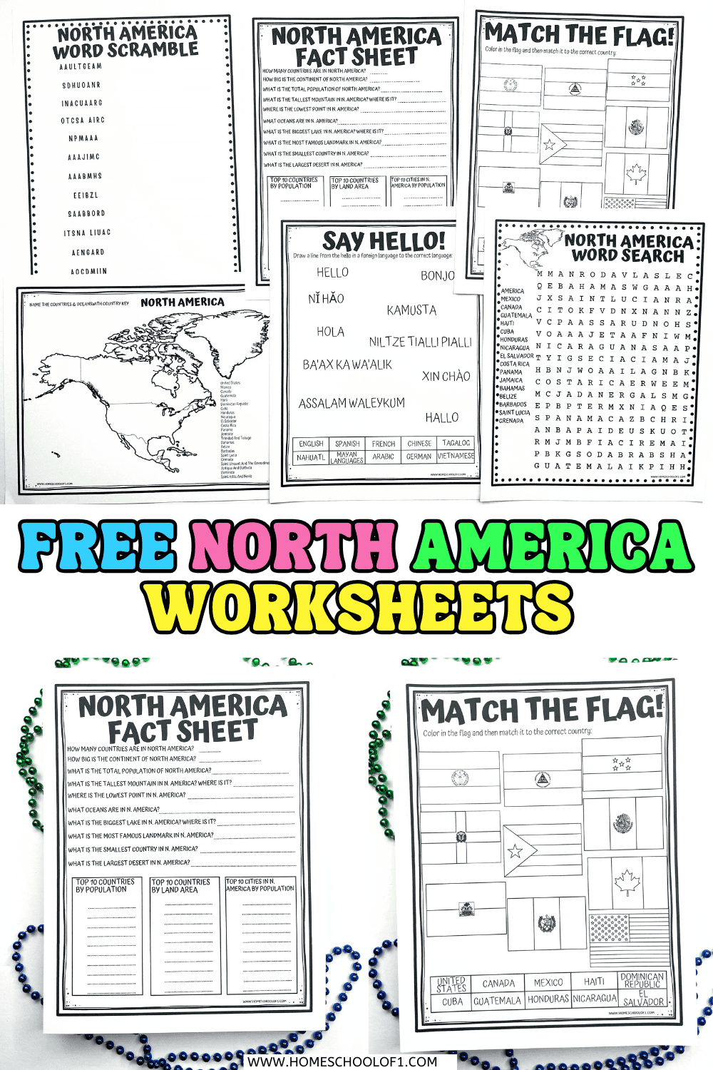 Free North America geography worksheets with map labeling, language greetings, and word puzzles for elementary students