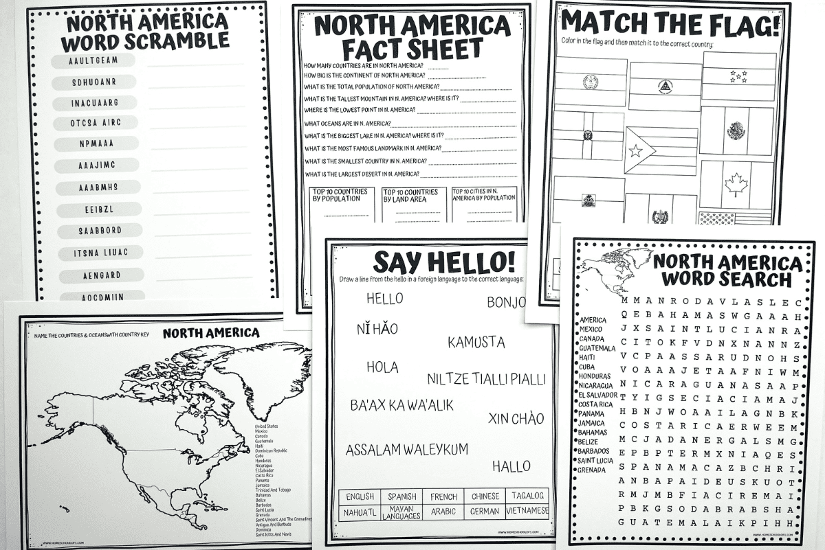 A preview of six printable North America worksheets for kids, including a word scramble, fact sheet, flag matching, labeled map, multilingual greeting activity, and a word search. Each black-and-white worksheet is designed to support geography learning and engage elementary students in fun educational activities.