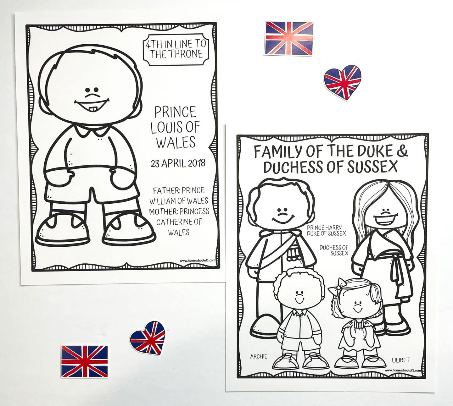  Two black-and-white royal family coloring pages are shown. The first features Prince Louis of Wales, labeled “4th in Line to the Throne,” with his birthdate (April 23, 2018) and parents listed as Prince William and Princess Catherine. The second page shows the Duke and Duchess of Sussex—Prince Harry and Meghan—with their children Archie and Lilibet, each character named. Surrounding the pages are three small Union Jack decorations, including one heart-shaped sticker.