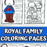 Royal family coloring pages for kids with printable images of King Charles, Prince William, and the next in line to the throne including Prince George and Princess Charlotte