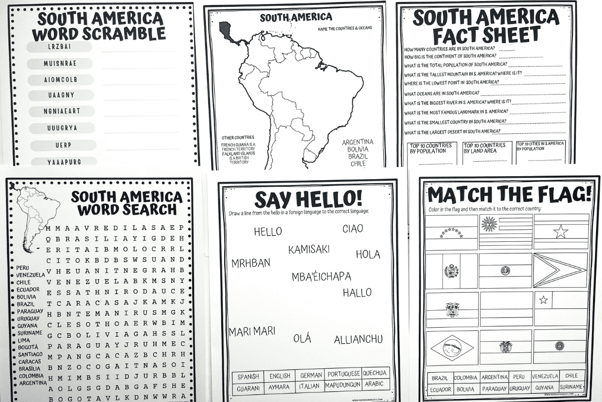 A grid of six printable black-and-white educational worksheets focused on South America. Activities include a word scramble, labeled map of South America, fact sheet with geography and trivia questions, word search, a language matching activity titled “Say Hello!”, and a flag identification game. Each worksheet includes simple illustrations and text, designed for students to learn about South American countries, languages, and cultures.