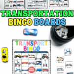 Printable transport bingo game with colorful vehicle images, calling cards, and toy cars for preschool and kindergarten kids.
