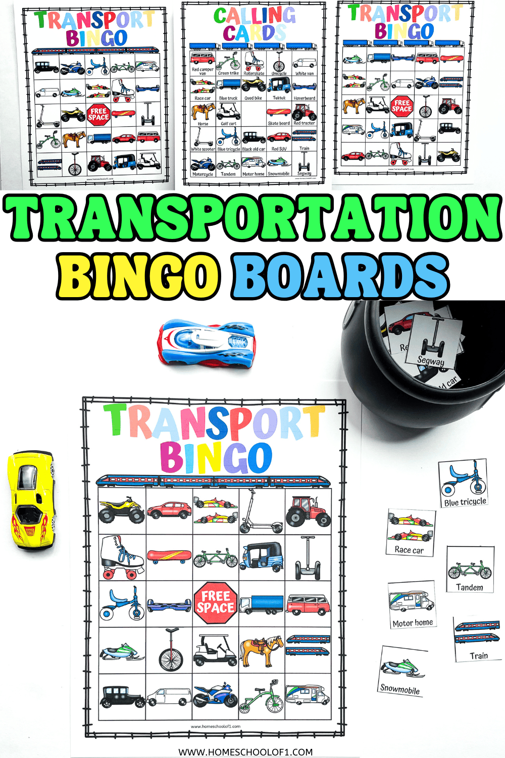 Printable transport bingo game with colorful vehicle images, calling cards, and toy cars for preschool and kindergarten kids.

