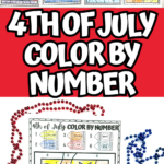 A set of nine finished 4th of July color-by-number pages displayed above bold red and white text that reads “4th of July Color By Number.” The featured page shows the word "USA" with stars, filled in with patriotic colors based on a numbered crayon color key.