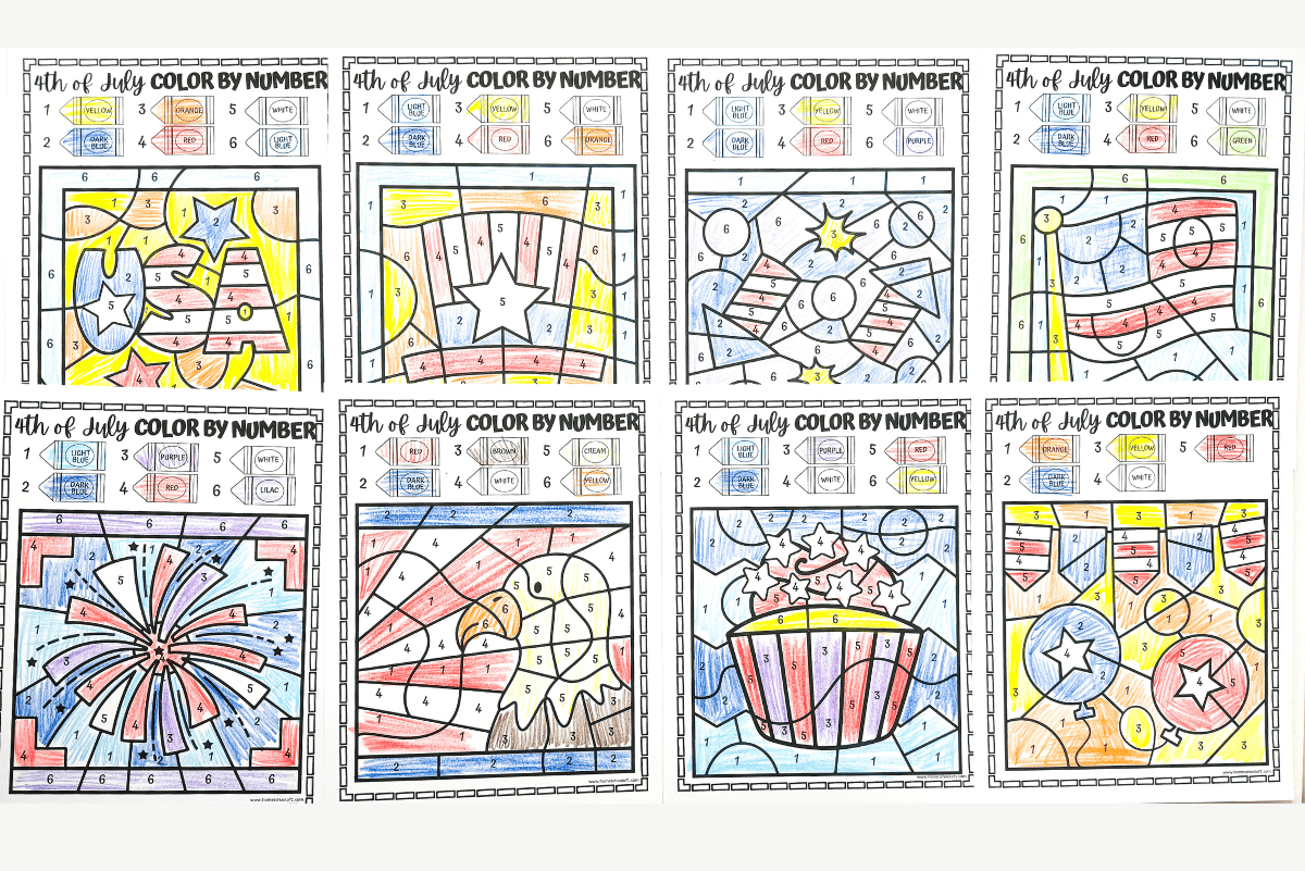 A set of eight completed 4th of July color-by-number worksheets, each featuring patriotic scenes such as flags, stars, fireworks, and the word "USA." Each page includes a color key using numbers to match crayons like red, blue, yellow, brown, cream, and white, with every image filled in accordingly to create vibrant, festive artwork.