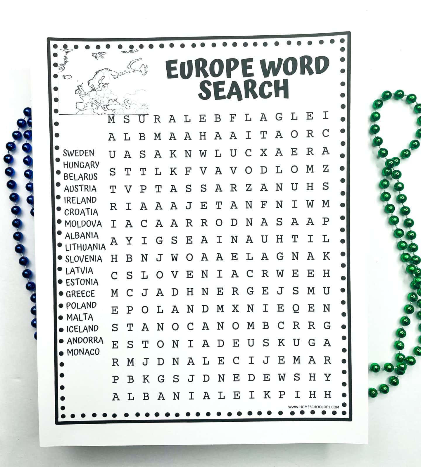 Printable “Europe Word Search” activity featuring a grid of letters with a word list on the left that includes European countries such as Sweden, Hungary, Belarus, Ireland, Poland, and Greece. A small outline map of Europe appears in the top left corner, and blue and green bead strands decorate the background.