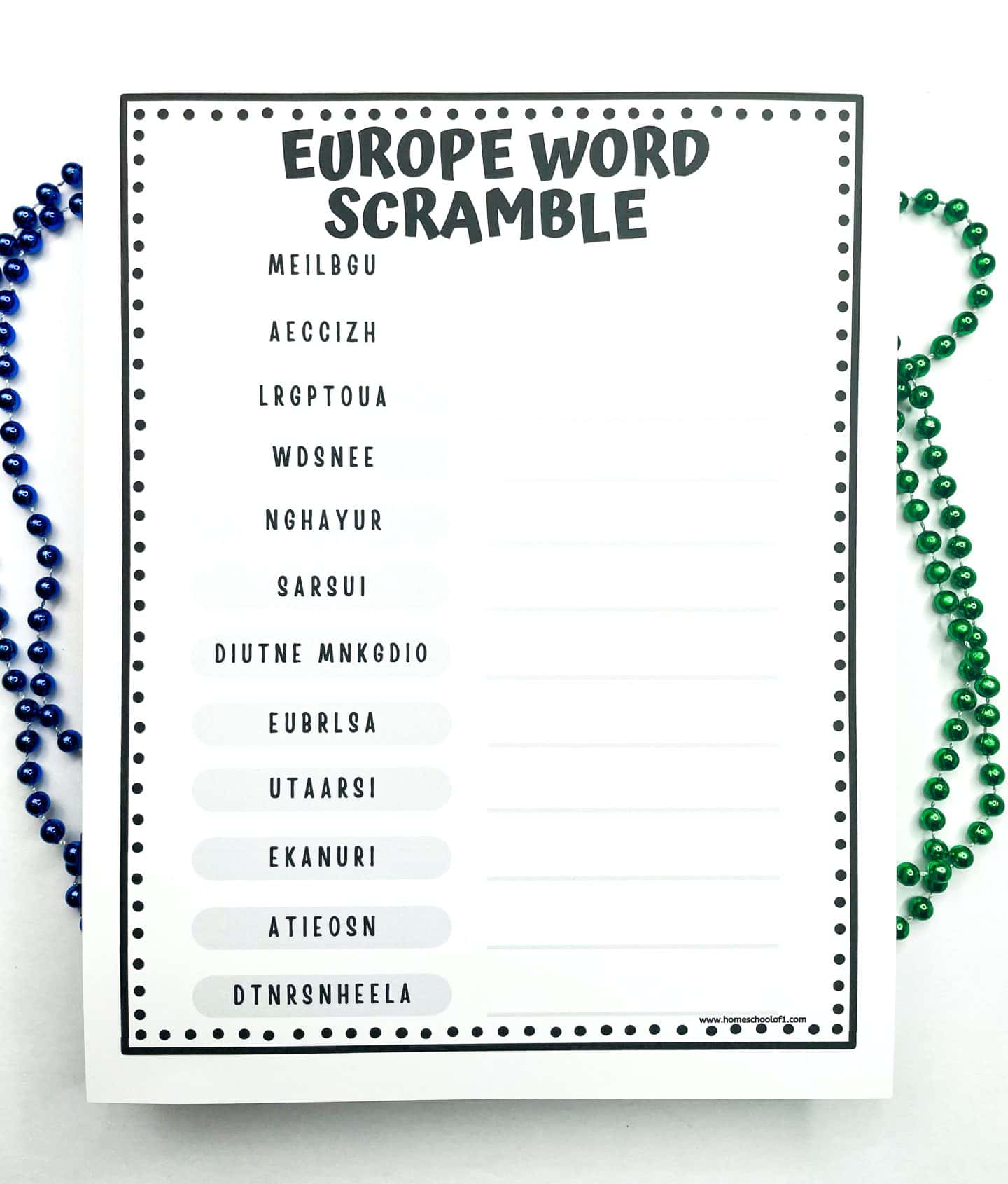 Black and white printable titled “Europe Word Scramble” featuring a list of scrambled European country names like MEILBGU, AECCIZH, and LRGPTOUA, with blank spaces beside each for writing the correct answers. Blue and green decorative bead strands surround the worksheet.