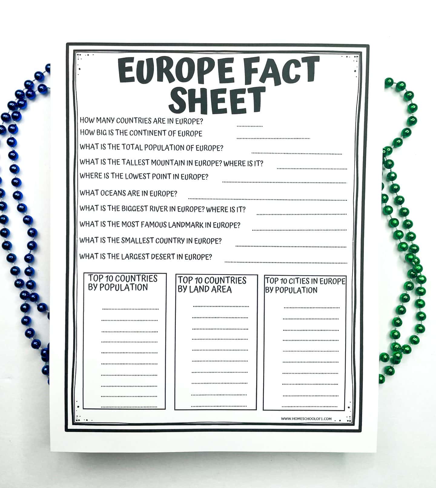Black-and-white Europe Fact Sheet printable with fill-in-the-blank questions about European geography, including topics like population, landmarks, rivers, mountains, and oceans. The bottom section includes spaces to list the top 10 European countries by population and land area, and the top 10 cities by population. Blue and green bead strands decorate the background.