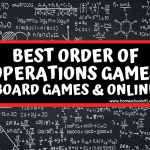 Best order of operations games graphic with chalkboard math background—featuring board games and online PEMDAS learning activities.