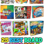 Collage of the best board games for 5 year olds including Ticket to Ride, Outfoxed, Clue Jr, and Sequence for Kids.