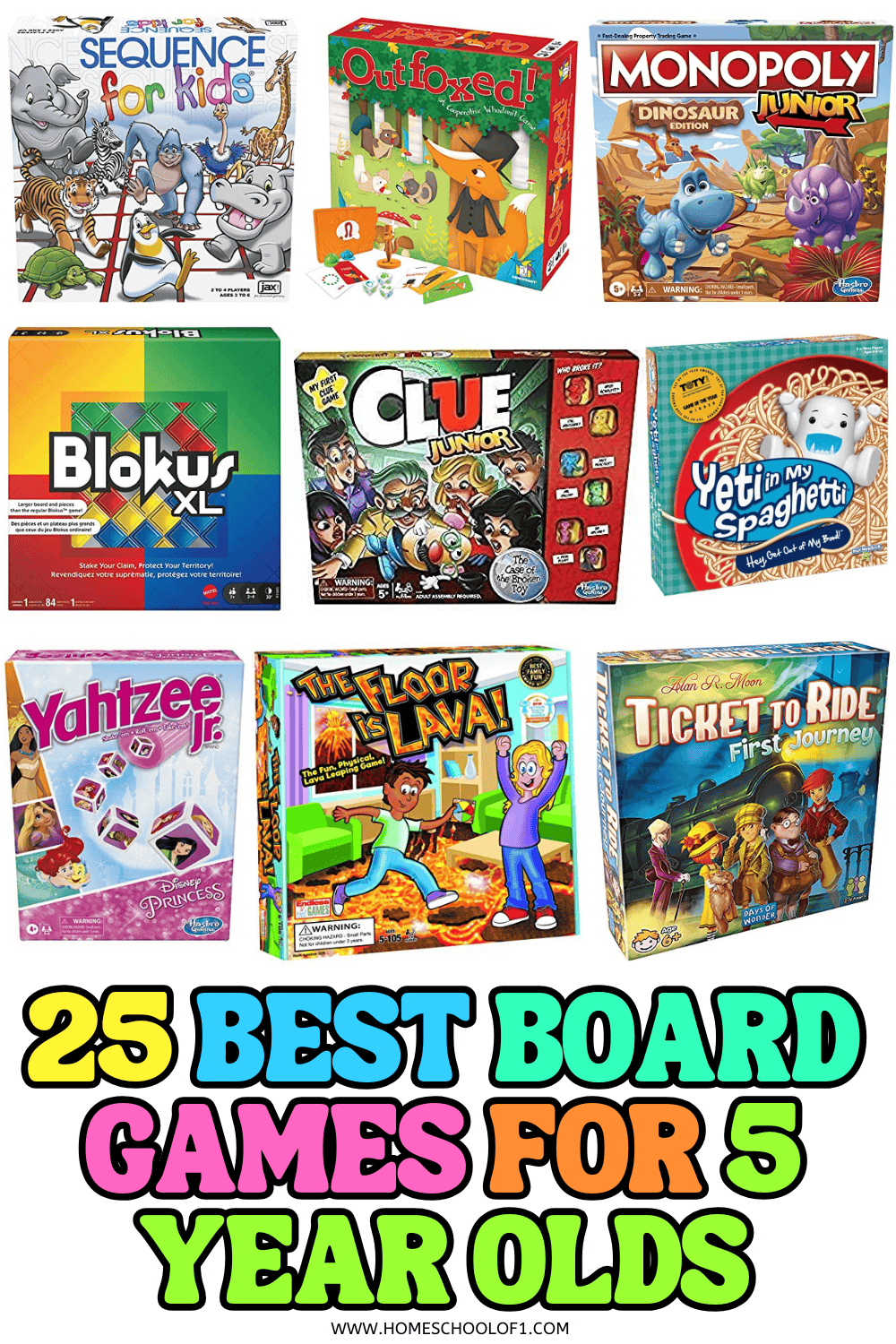 Collage of the best board games for 5 year olds including Ticket to Ride, Outfoxed, Clue Jr, and Sequence for Kids.