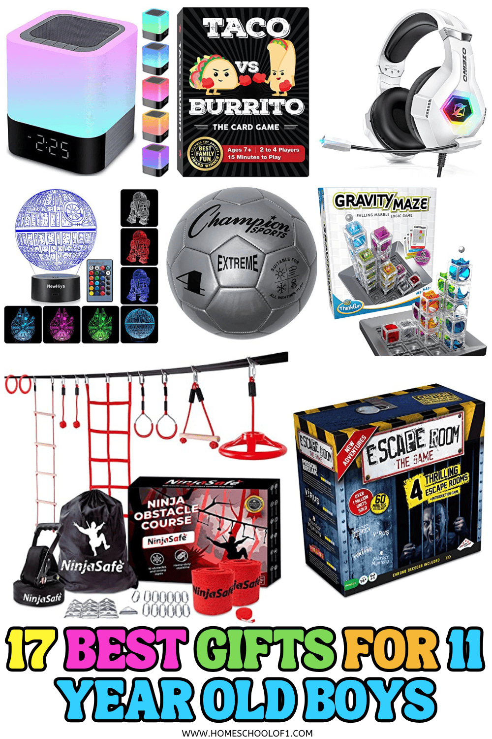 Collage of the best gifts for 11 year old boys including games, LEGO, tech gadgets, sports gear, books, and STEM toys.
