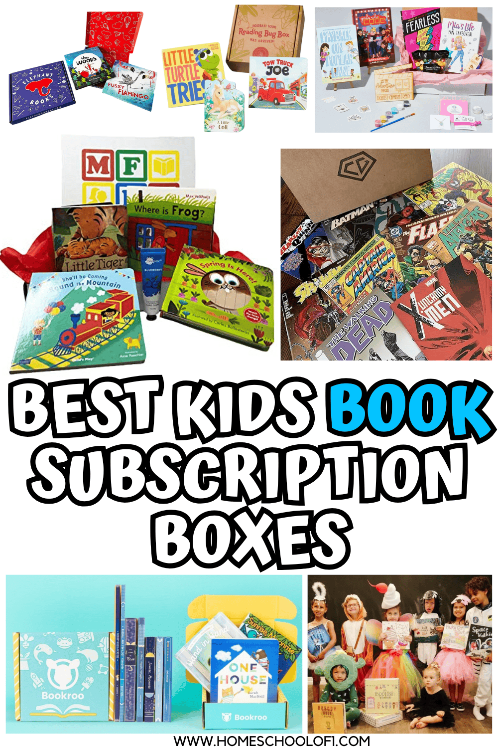 Collage showcasing the best kids book subscription boxes with monthly deliveries of age-appropriate books, comics, and activities.
