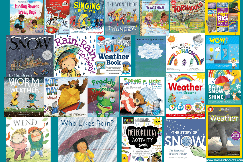 a collage of various weather-themed book covers for preschoolers, including 'Worm Weather' and 'Rain, Rain, Go Away,' with the title 25 WEATHER BOOKS for preschoolers