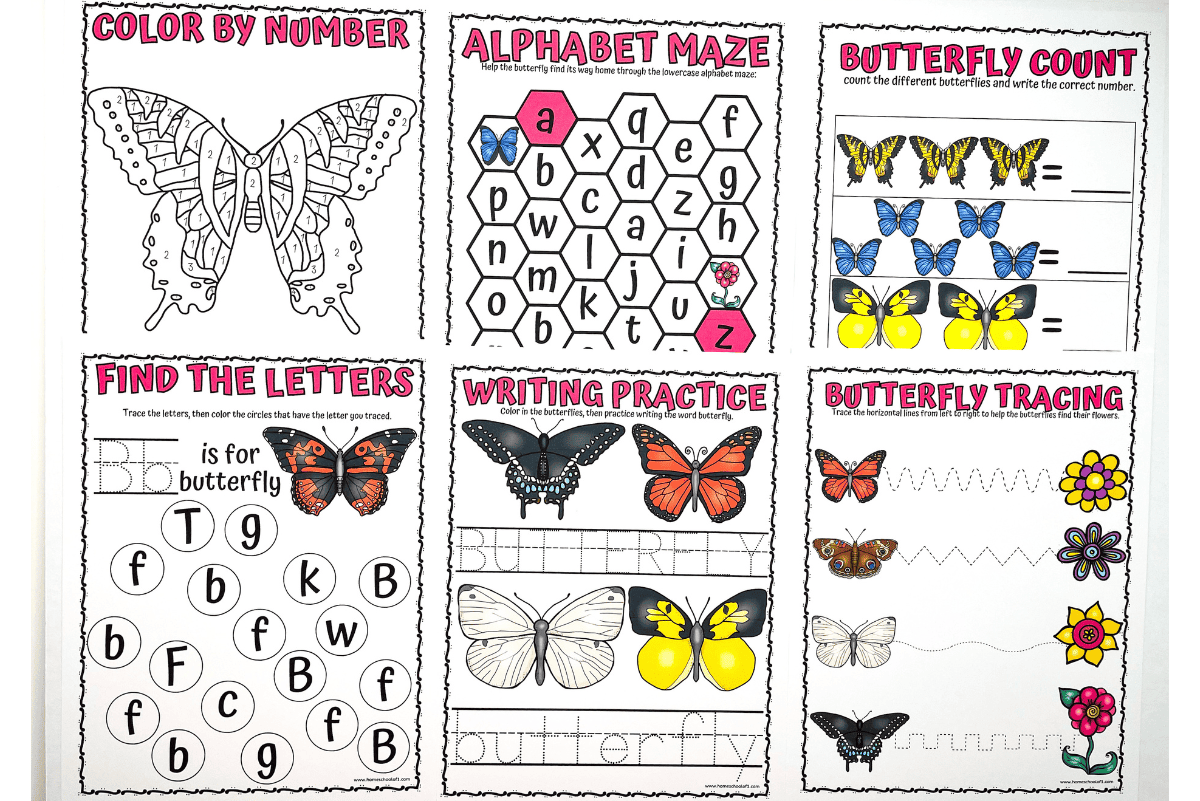 Six butterfly-themed preschool worksheets featuring a color-by-number butterfly, an alphabet maze, a butterfly counting activity, a letter recognition game, writing practice for the word "butterfly," and a tracing sheet with butterflies and flowers. The worksheets are colorful and designed to help with early literacy, fine motor skills, and counting.