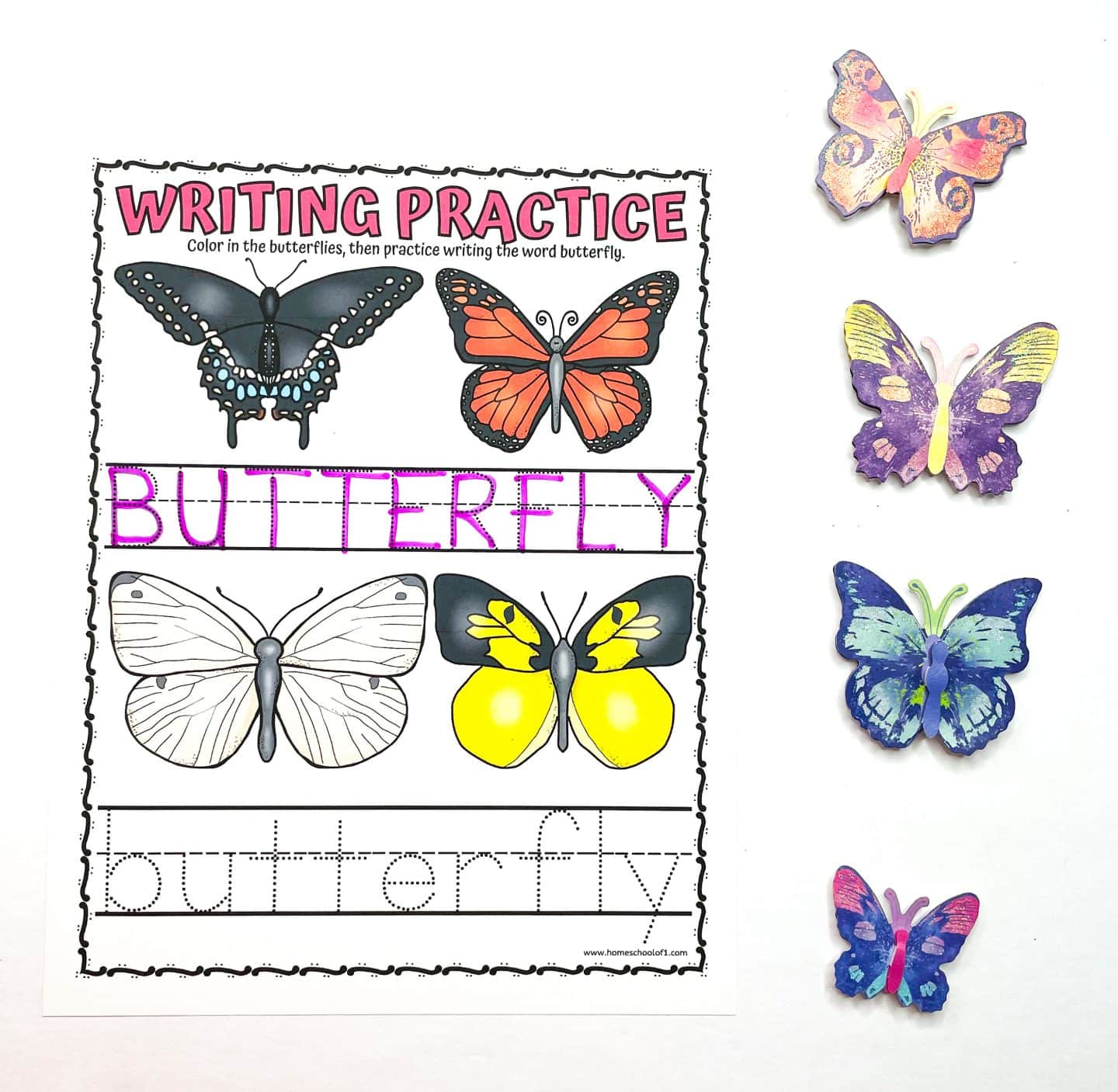A butterfly-themed preschool worksheet featuring writing practice for the word “butterfly.” The sheet includes two rows for tracing the word in uppercase and lowercase, with four butterflies to color. Two butterflies are already colored in black-orange and yellow-black, while the others remain uncolored. To the right, five colorful butterfly cutouts are arranged vertically for decoration.