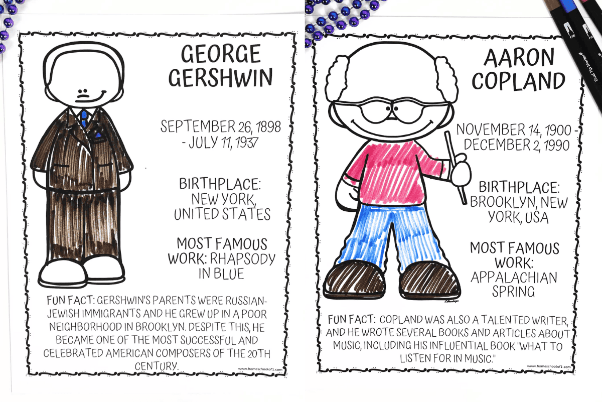 Free printable composer coloring pages for George Gershwin and Aaron Copland with birth details, famous works, and fun facts for kids.