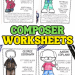 Printable composer worksheets for kids featuring Leonard Bernstein, Edward Benjamin Britten, George Gershwin, and Aaron Copland with coloring and fun facts.