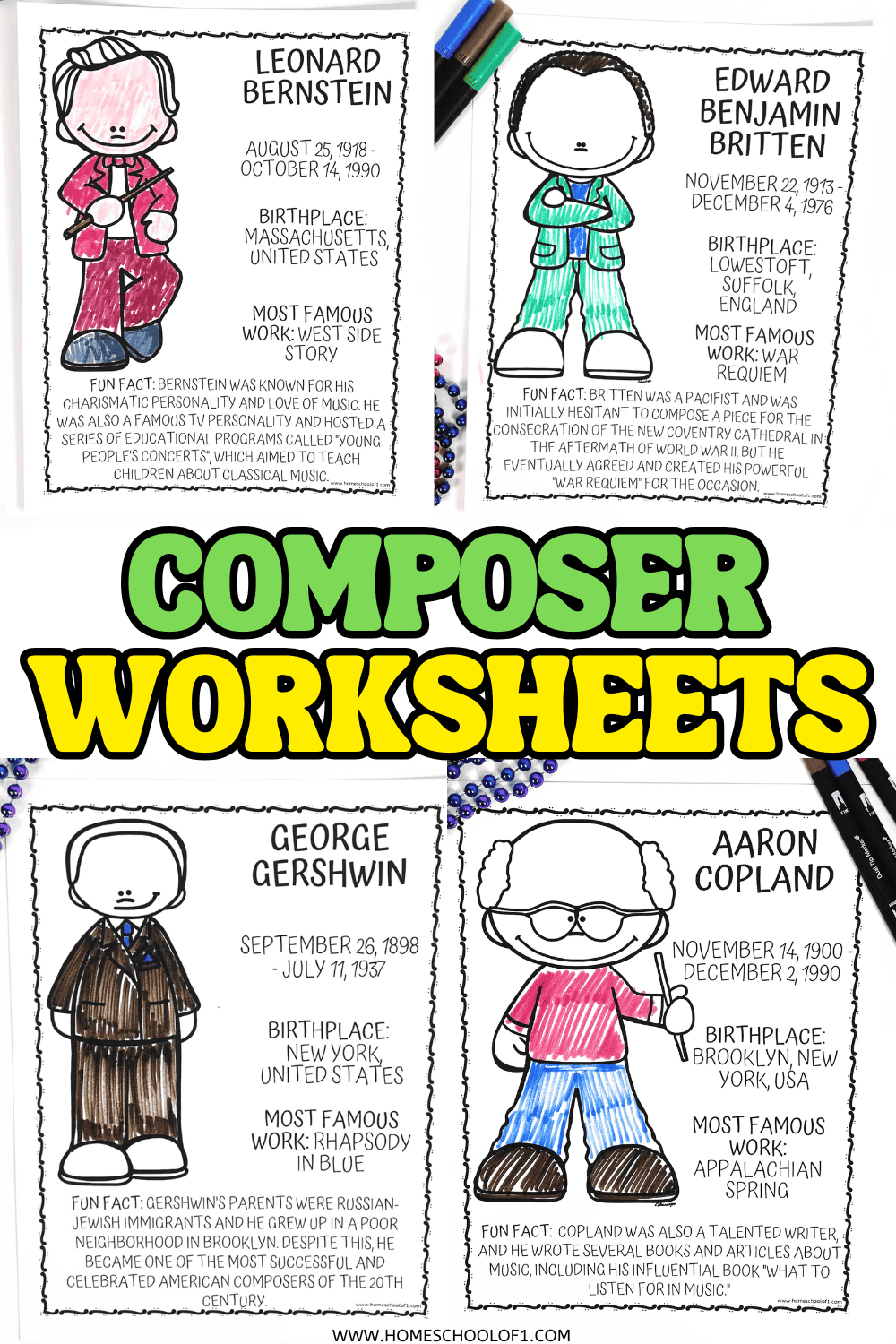 Printable composer worksheets for kids featuring Leonard Bernstein, Edward Benjamin Britten, George Gershwin, and Aaron Copland with coloring and fun facts.