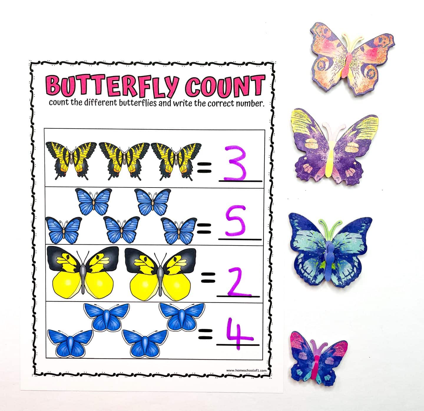 Preschool butterfly counting worksheet showing four colorful rows of butterflies with handwritten totals beside each group. Designed to enhance early math skills, this educational printable blends number recognition with visual sorting in a fun springtime theme. Decorated with butterfly cutouts along the side for added flair.