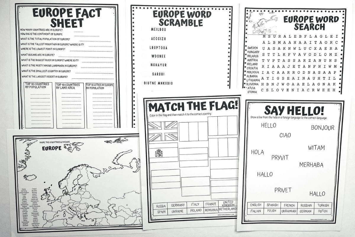 Set of black-and-white printable worksheets about Europe for kids, featuring a Europe fact sheet, word scramble, word search, map of Europe, “Match the Flag” activity, and a “Say Hello!” language matching page. These educational resources help students learn European geography, country names, and common greetings.