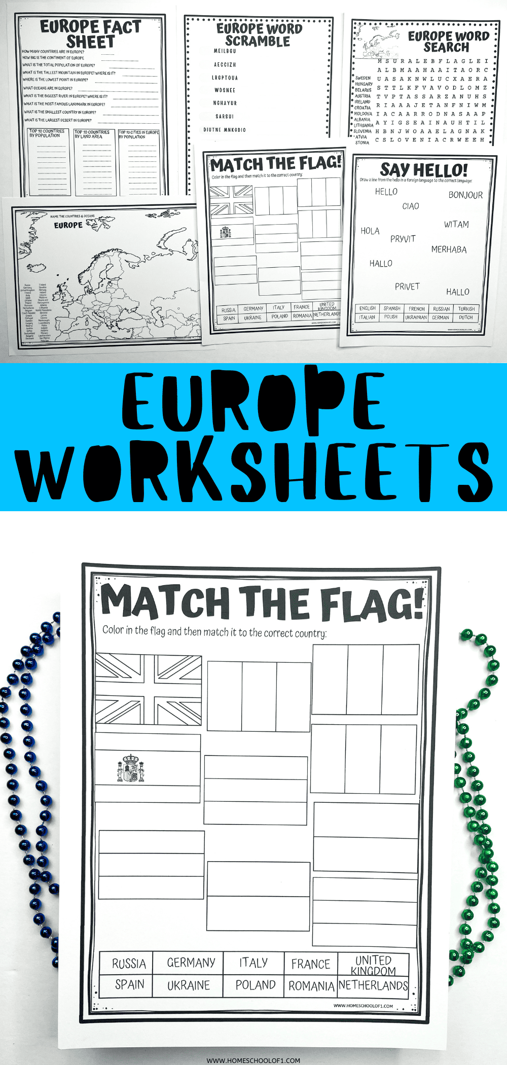 Collection of printable Europe-themed worksheets for kids, including activities like a Europe fact sheet, word scramble, word search, blank map, “Match the Flag” coloring page, and a language activity titled “Say Hello!” Worksheets include tasks such as identifying countries, unscrambling country names, and matching greetings to languages. Blue and green bead strands decorate the background.