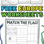 Stacked view of six Europe worksheets for kids: map, scramble, word search, flag, greetings, and fact sheet.
