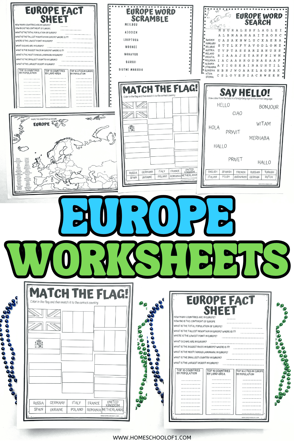 Seven printable Europe geography worksheets for kids, including fact sheets, puzzles, flags, and maps.


