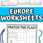 Europe flag matching worksheet and Europe fact sheet printable shown with colored beads on white background.