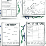 Four printable Europe worksheets for kids: fact sheet, map of Europe, language matching, and flag coloring activity.