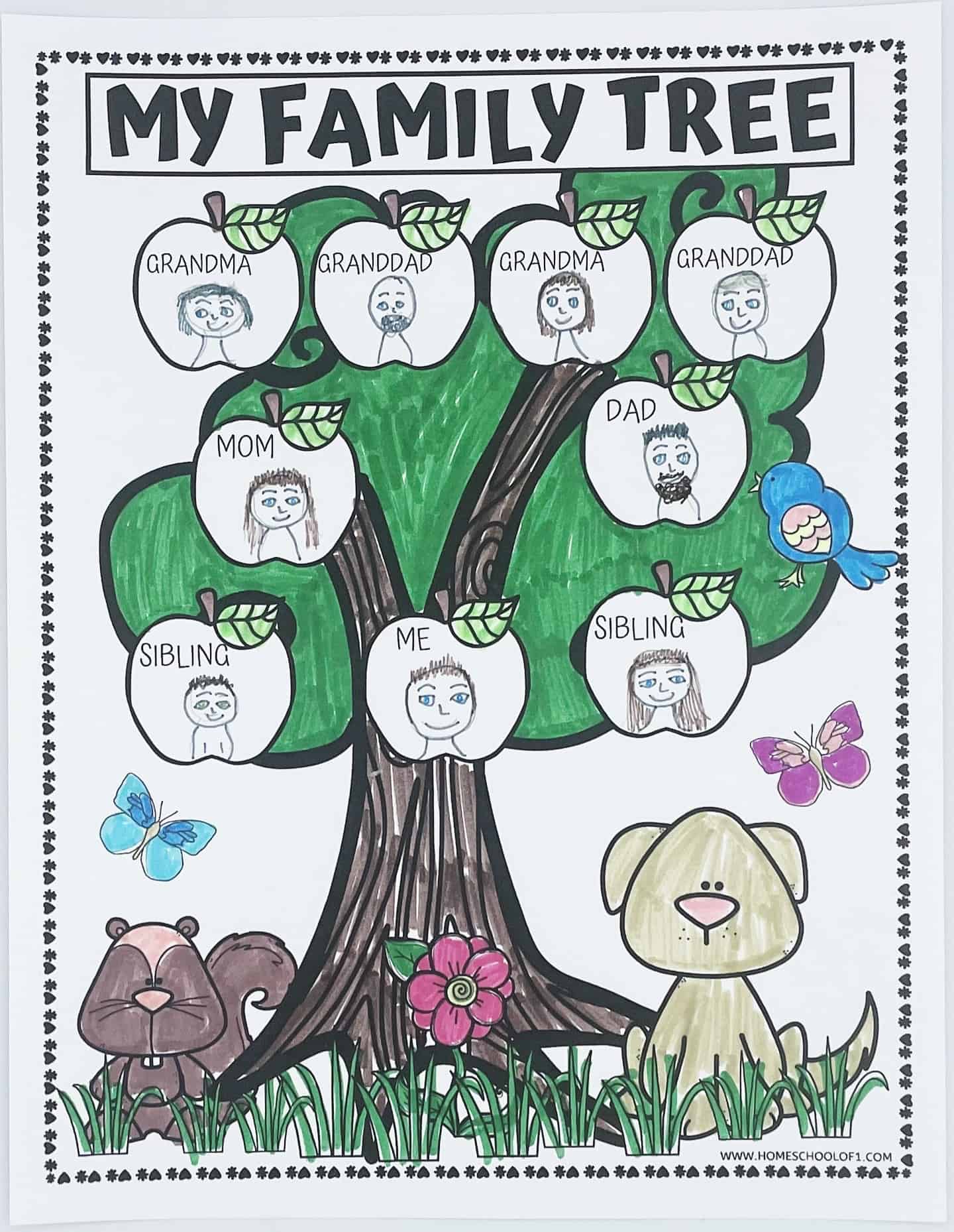 A completed “My Family Tree” coloring page designed for kids, featuring a tree with labeled apples for each family member—grandparents, parents, siblings, and “Me”—with hand-drawn portraits inside each apple. The printable activity is surrounded by cute illustrations of animals, flowers, and butterflies, making it a fun and educational way for children to learn about family relationships. This free kids coloring page doubles as a creative family tree worksheet for home or classroom use.

