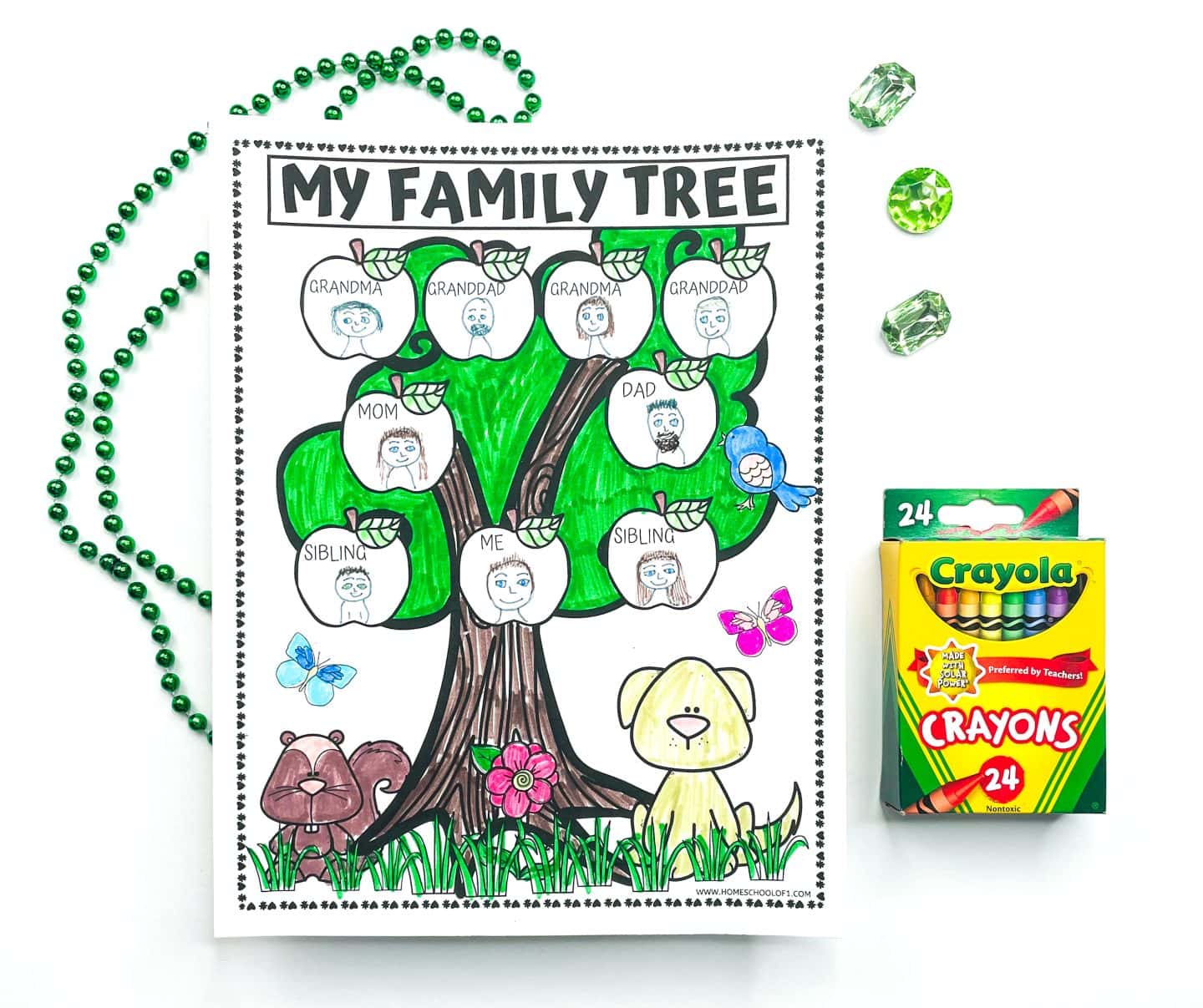 Completed “My Family Tree” coloring page for kids, with hand-drawn faces inside labeled apples for Grandma, Granddad, Mom, Dad, siblings, and “Me.” The tree is colored green and brown, and surrounded by cute animals, flowers, and butterflies. A box of Crayola crayons is placed on the right, along with green beads and sparkly green plastic gems for a fun, crafty setup.

