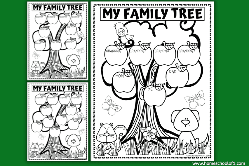 Three black-and-white printable family tree worksheets for kids, each featuring a large tree with apple-shaped spaces to label family members like Grandma, Granddad, Mom, Dad, and Me. Cute cartoon animals and butterflies decorate the bottom of the tree. The worksheets vary slightly in layout, offering options for different family structures.