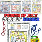 A patriotic Fourth of July color-by-number activity sheet is shown surrounded by crayons and red and blue beaded necklaces. The sheet features a USA-themed coloring page with stars and stripes, and color guides using crayons labeled yellow, orange, dark blue, red, white, and light blue.