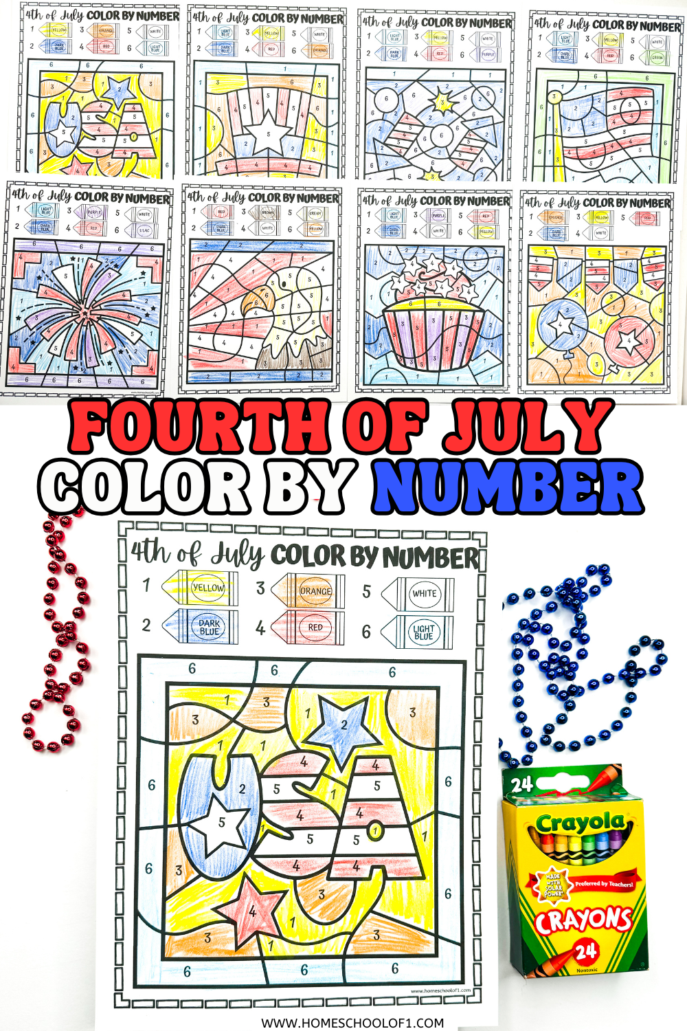 A patriotic Fourth of July color-by-number activity sheet is shown surrounded by crayons and red and blue beaded necklaces. The sheet features a USA-themed coloring page with stars and stripes, and color guides using crayons labeled yellow, orange, dark blue, red, white, and light blue.