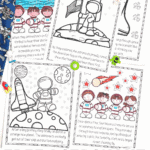 Free printable astronaut coloring page set that tells a space adventure story for kids to color and read along with.