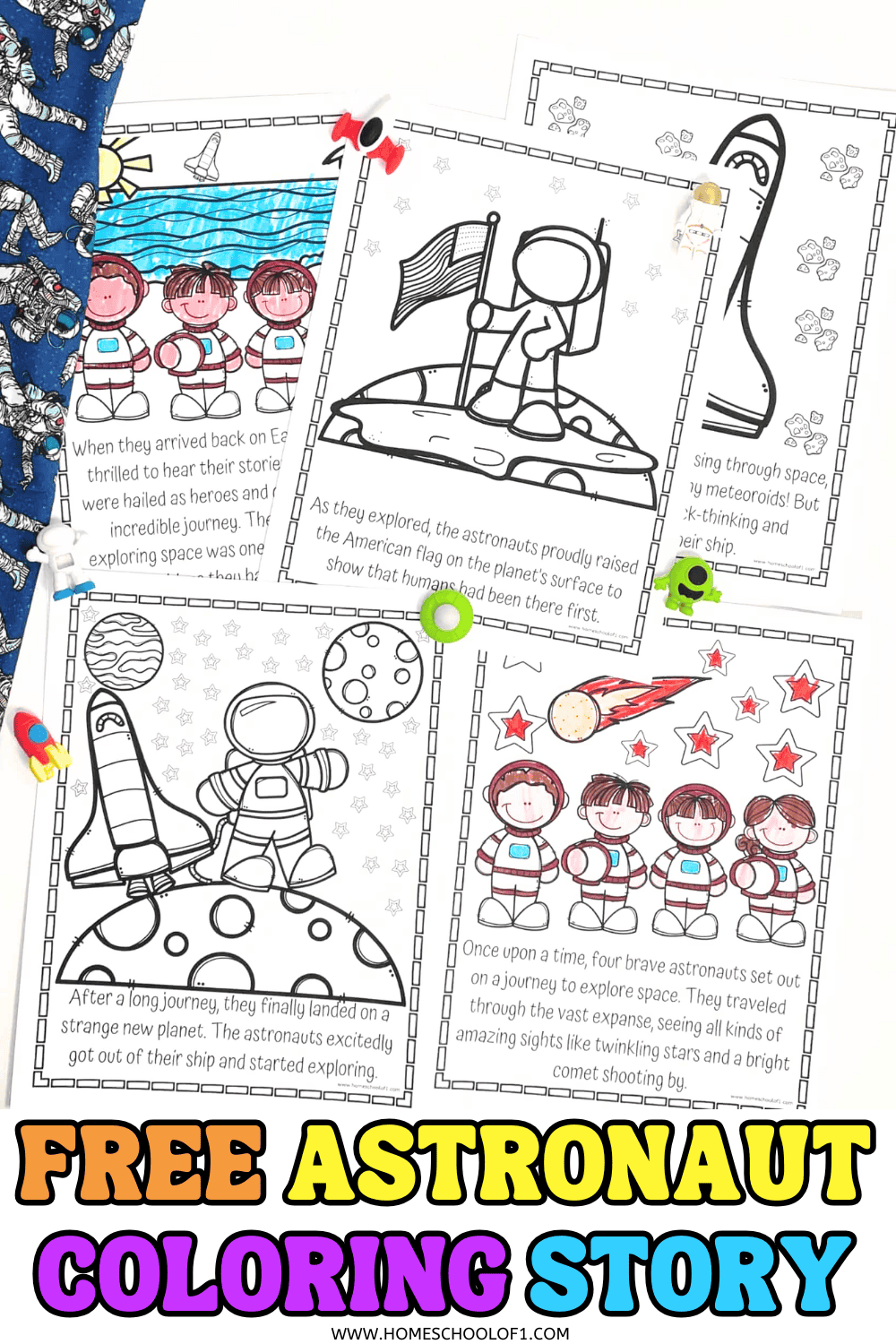 Free printable astronaut coloring page set that tells a space adventure story for kids to color and read along with.

