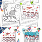 Astronaut coloring page printable showing a 5-part illustrated space story for early learners to color and enjoy.