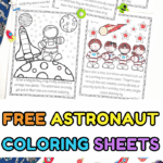 Printable astronaut coloring page story featuring four kids exploring space with rockets, planets, and a moon landing scene.