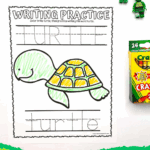 Free turtle writing worksheet showing the word “turtle” in uppercase and lowercase tracing format with a colored turtle.
